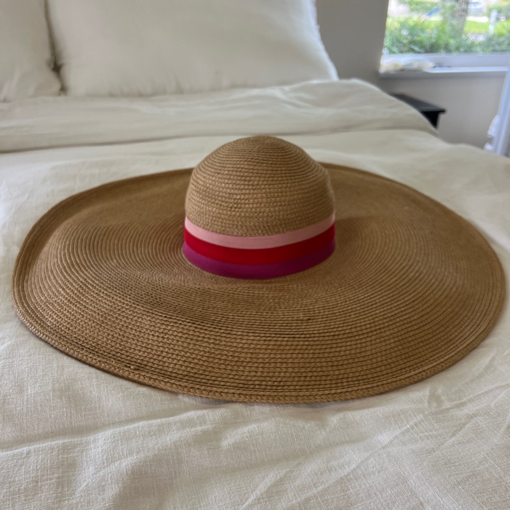 Wide Brim Straw Hat with Pink and Red Bands